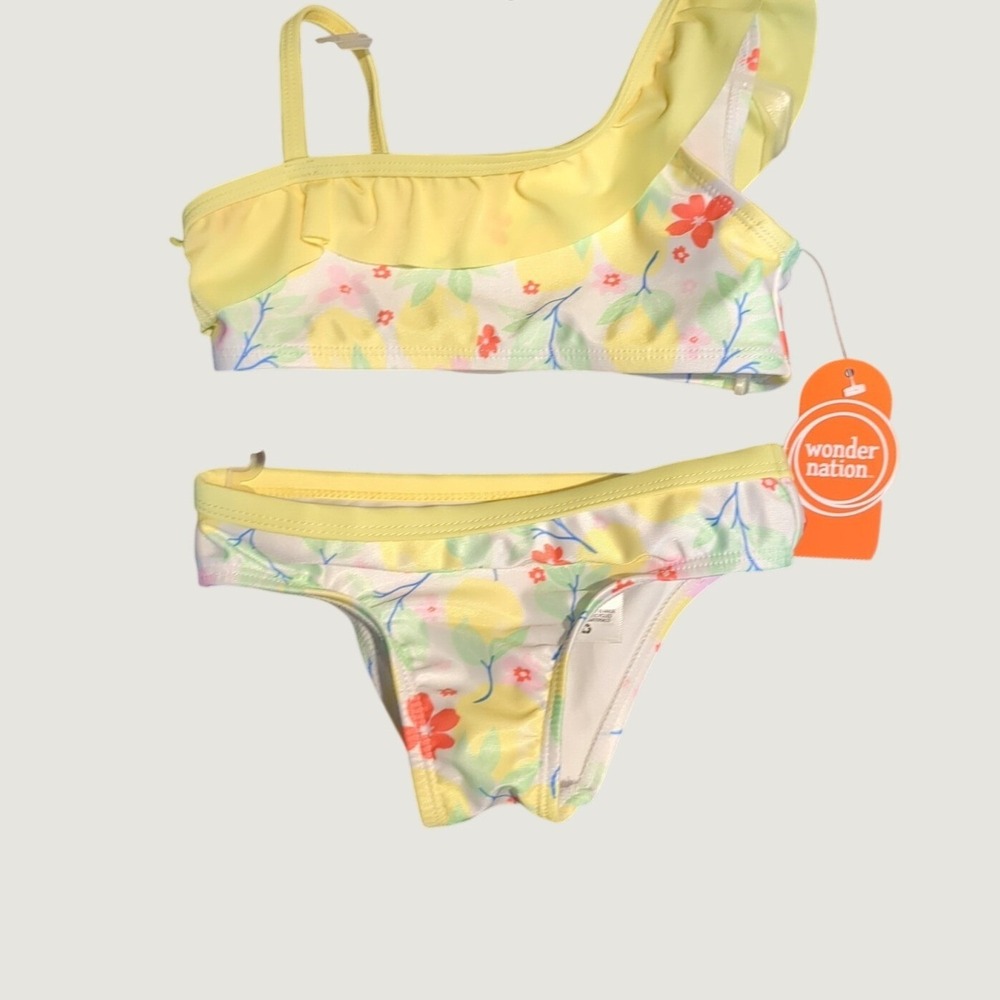 NWT Toddler Girls Size 3T Two Pieces Swimsuit Wonder Nation Yellow And Flowers